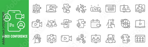 Video conference line icon set featuring live streaming, online meeting, webinar communication and editable stroke outline symbols.