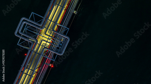 Aerial view industrial oil and gas pipeline system, Energy industry pipeline structure oil and gas refinery, Industrial pipeline system petrochemical plant refinery, Petrochemical pipeline network.