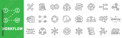 Workflow line icon set featuring process automation, task management, flowchart steps, collaboration and editable stroke outline symbols.