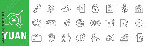 Yuan currency line icon set featuring finance, payment, banking, investment growth and editable stroke outline symbols.