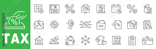 Tax line icon set featuring finance, accounting, percentage rates, filing documents and editable stroke outline symbols.