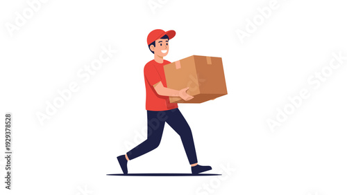 Determined delivery man in a red uniform runs quickly to deliver a large cardboard box package to its destination.