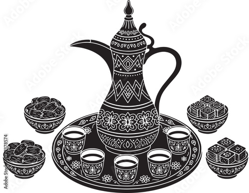 Traditional Arabic Coffee Pot Dallah with Dates and Sweets on Serving Tray, Vector Illustration
