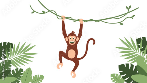 Playful monkey swings from a jungle vine surrounded by lush green tropical leaves and foliage in a wild rainforest.