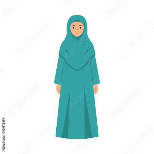 Muslim woman wearing green hijab and long dress standing flat vector