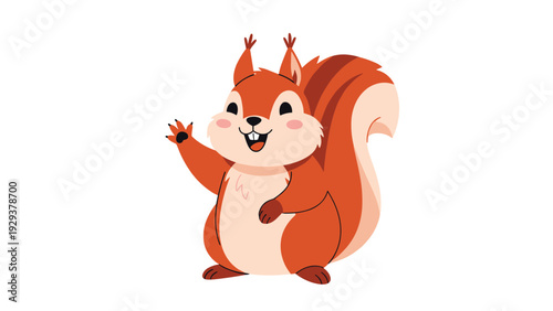 Cute cartoon squirrel with large ears and a bushy tail waves its paw with a friendly and happy expression for all.