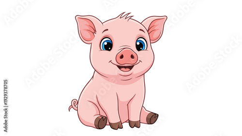 Adorable baby piglet with big blue eyes and a tiny snout sits contentedly on the ground with a sweet and happy smile.