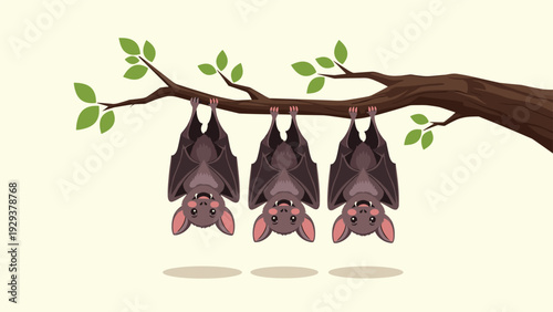 Three cute little bats hanging upside down from a tree branch with green leaves against a pale yellow background.