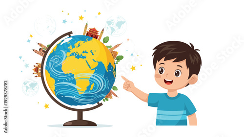 Enthusiastic young boy student pointing at a colorful world globe decorated with famous international landmarks and stars.