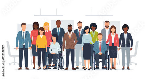 Inclusive and Diverse Business Team Illustration: Professionals Collaborating in a Modern Workplace Setting