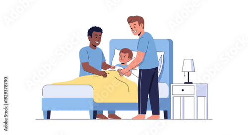 Loving Same-Sex Dads Tucking in Son: Happy Multi-Ethnic Family Bedtime Routine Illustration