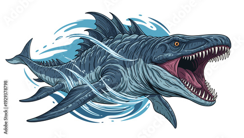 Massive prehistoric sea monster jumps from the dark blue water with its huge jaws wide open in a dramatic scene.