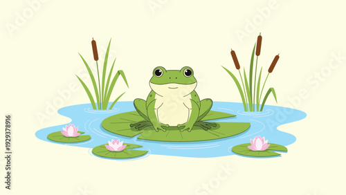 Green frog sitting peacefully on a lily pad in a pond surrounded by pink flowers and cattail plants.