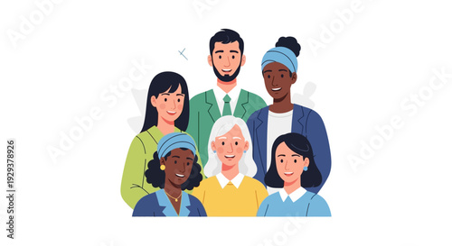 Diverse Group of Smiling People Illustration - Multi-ethnic, Multi-generational Team and Community