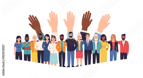 Diverse Group of People with Raised Hands Illustrating Unity, Community, Inclusion, and Global Collaboration