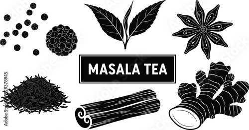 Masala tea ingredients set with ginger cinnamon star anise peppercorns and tea leaves in cad drawing flat vector illustration for design