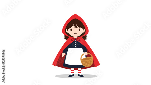 Cute little girl dressed as Red Riding Hood carrying a wicker basket and standing on a white background.