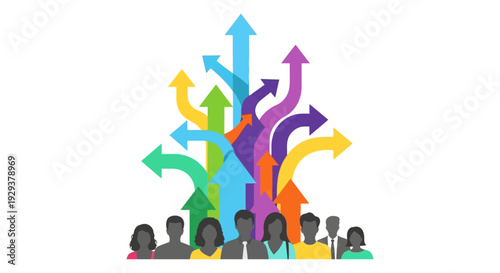 Diverse Team Navigating Multiple Paths, Choices, and Business Opportunities. Concept of Decision-Making, Strategy, and Future Directions.