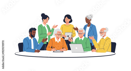 Intergenerational Meeting & Collaboration: Diverse Group of Young and Senior Adults Discussing, Learning & Working Together. Teamwork & Mentorship