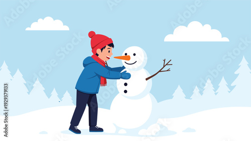 Excited young boy builds a classic snowman in a beautiful winter landscape with snow-covered mountains and pine trees.