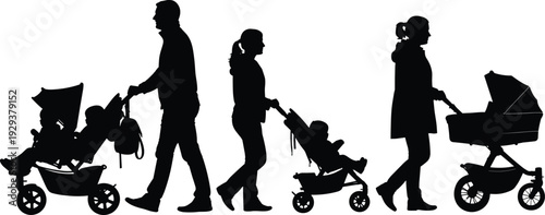 Parents walking with children in strollers and prams silhouettes set for family lifestyle in cad drawing flat vector illustration design