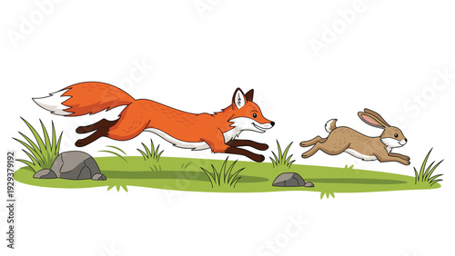 Fast red fox chases a small brown rabbit across a vibrant grassy meadow in an energetic wildlife action scene.