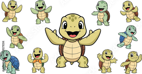 Set of green sea turtle character poses with various expressions