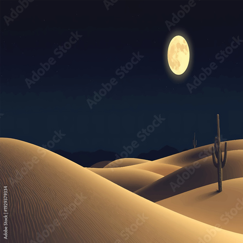 Desert landscape with a large full moon illuminating sand dunes