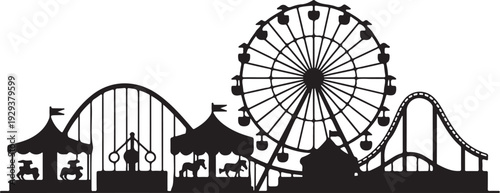 Black silhouette amusement park with ferris wheel roller coaster