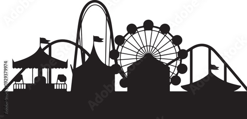 Black silhouette amusement park with ferris wheel roller coaster