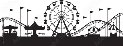 Black silhouette amusement park with ferris wheel roller coaster