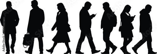 Diverse collection of people silhouettes, men and women walking, business group standing, professional figures gesturing, shaking hands, urban community set, isolated human body shapes, vector.