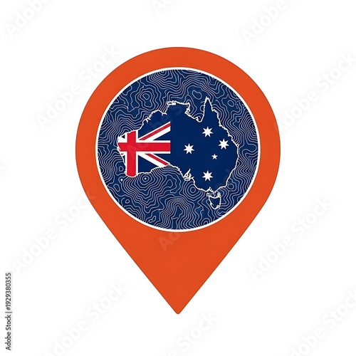 Orange location marker icon showing a topographical map of australia with flag isolated