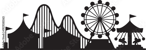 Black silhouette amusement park with ferris wheel roller coaster and carousel