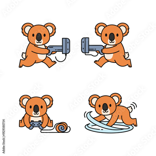 Cute cartoon koala exercising with dumbbells and hula hoop in various poses