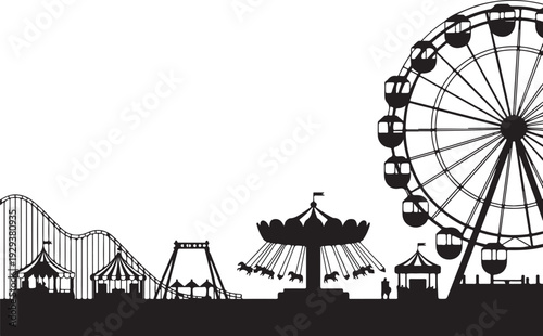 Black silhouette amusement park with ferris wheel roller coaster