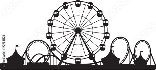 Black silhouette amusement park with ferris wheel roller coasters