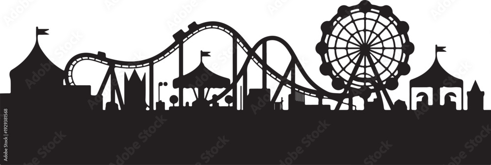 Obraz premium Black silhouette amusement park with roller coaster and ferris wheel