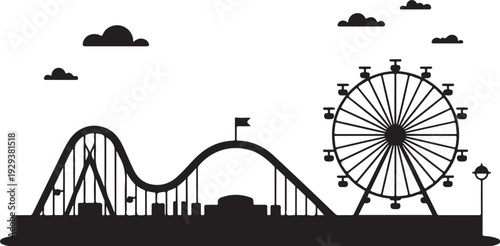 Black silhouette amusement park with roller coaster and ferris wheel