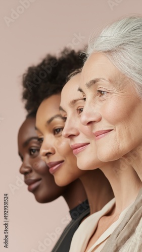 Three women of different ages and races are standing next to each other, smiling