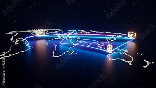 A video showcasing a global flight route network on a world map at night