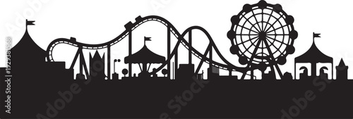 Black silhouette amusement park with roller coaster and ferris wheel