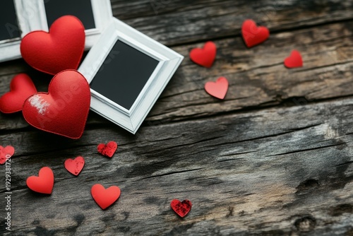 A wooden table with a white frame that has three red hearts in it. There is also a pile of red hearts scattered around the table