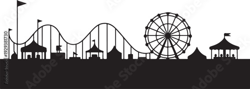 Black silhouette amusement park with roller coaster and ferris wheel