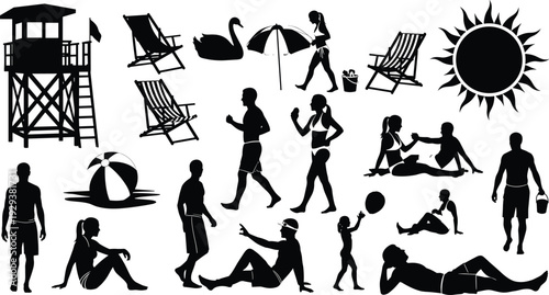 Beach and summer silhouettes set with people sunbathing jogging playing lifeguard tower and beach chairs in cad drawing flat vector illustration