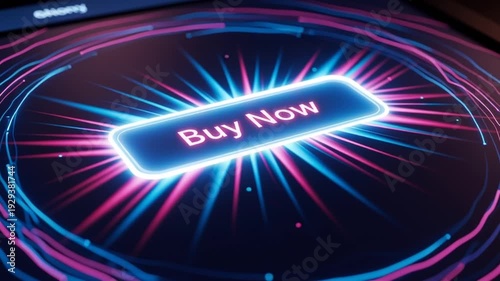 A video showcasing a neon Buy Now button with pink and blue lights on a dark background, encouraging viewers to make a purchase online