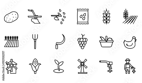 Thin Line Agriculture and Farming Icon Set with Harvest and Rural Outline Symbols