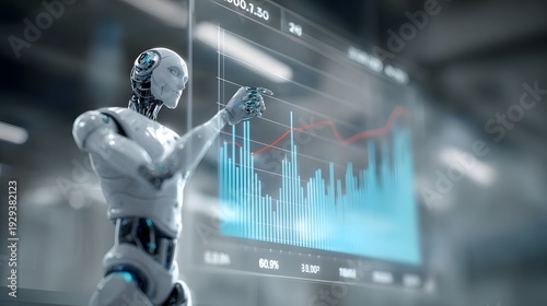 Digital strategy planning session robot highlighting growth metrics on glass display professional realism