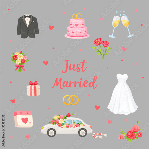 Romantic wedding clipart collection isolated on transparent background. The set includes bride dress, groom suit with bow tie, wedding cake with rings, champagne glasses, gold wedding rings