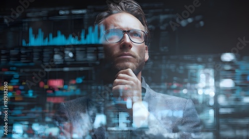 Intelligent automation consultant standing beside transparent financial charts dramatic corporate ambiance